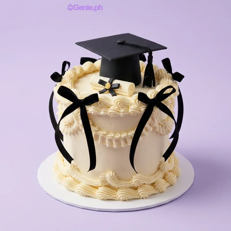Ivory soft-icing cake with a black graduation cap topper, a diploma scroll, and elegant black ribbon bows. Ivory soft-icing cake with a black graduation cap topper, a diploma scroll, and elegant black ribbon bows.