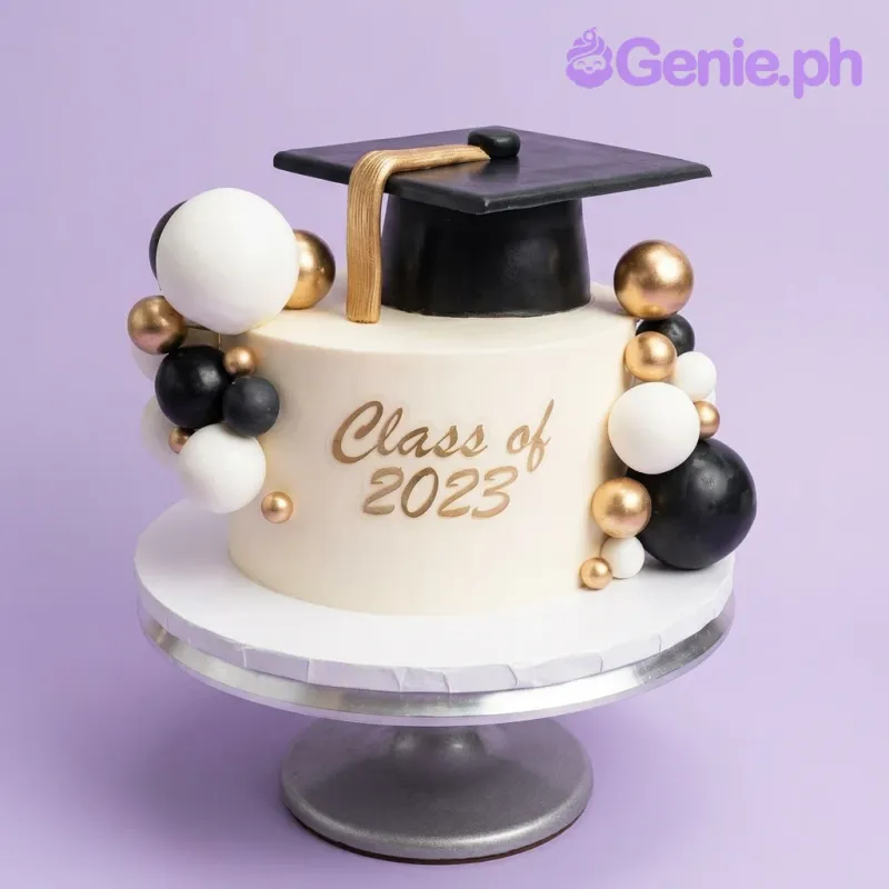 A white, black, and gold 1-tier cake themed around Graduation, featuring a black fondant graduation cap with gold tassel and decorative spheres. A white, black, and gold 1-tier cake themed around Graduation, featuring a black fondant graduation cap with gold tassel and decorative spheres.