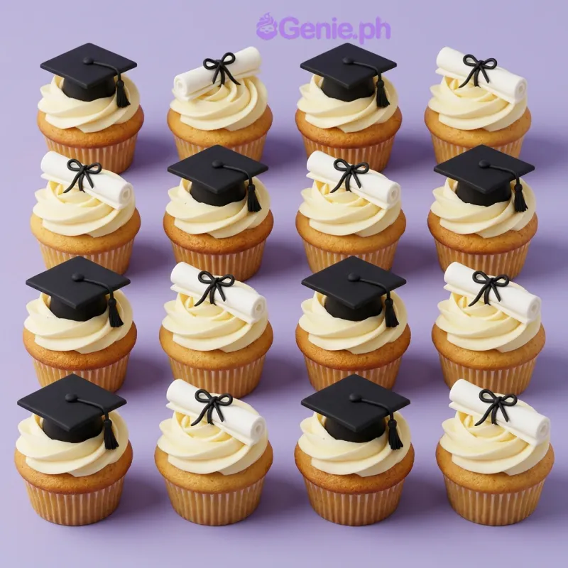 Ivory cupcakes with soft icing swirls, black fondant graduation cap toppers, and white fondant diploma accents Ivory cupcakes with soft icing swirls, black fondant graduation cap toppers, and white fondant diploma accents