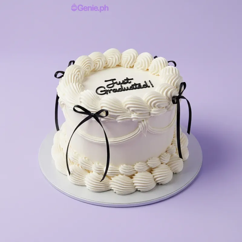White 1-tier cake with soft icing, piped borders, black satin ribbon bows, and a sparkler candle White 1-tier cake with soft icing, piped borders, black satin ribbon bows, and a sparkler candle