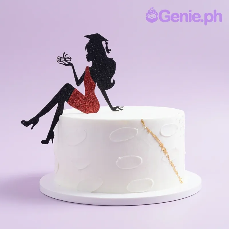A white 1 Tier cake themed around Graduation, featuring a black and red glittery silhouette of a graduate holding a diploma and a gold leaf diagonal streak. A white 1 Tier cake themed around Graduation, featuring a black and red glittery silhouette of a graduate holding a diploma and a gold leaf diagonal streak.