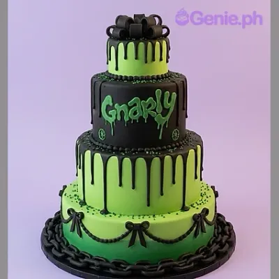 3-tier black and green fondant cake with graffiti text and black chain decorations 3-tier black and green fondant cake with graffiti text and black chain decorations