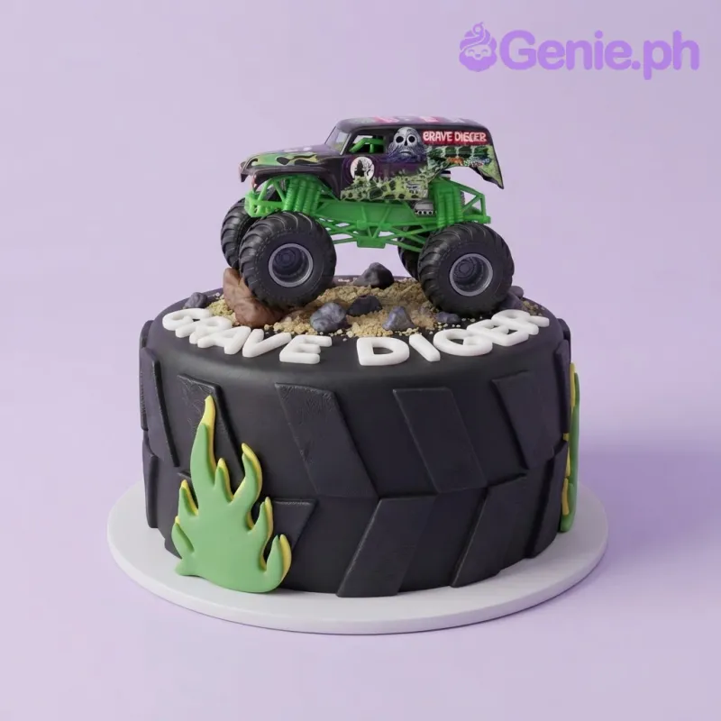 Black 1-tier fondant cake with smooth icing, Grave Digger monster truck topper, and green flame cutouts Black 1-tier fondant cake with smooth icing, Grave Digger monster truck topper, and green flame cutouts
