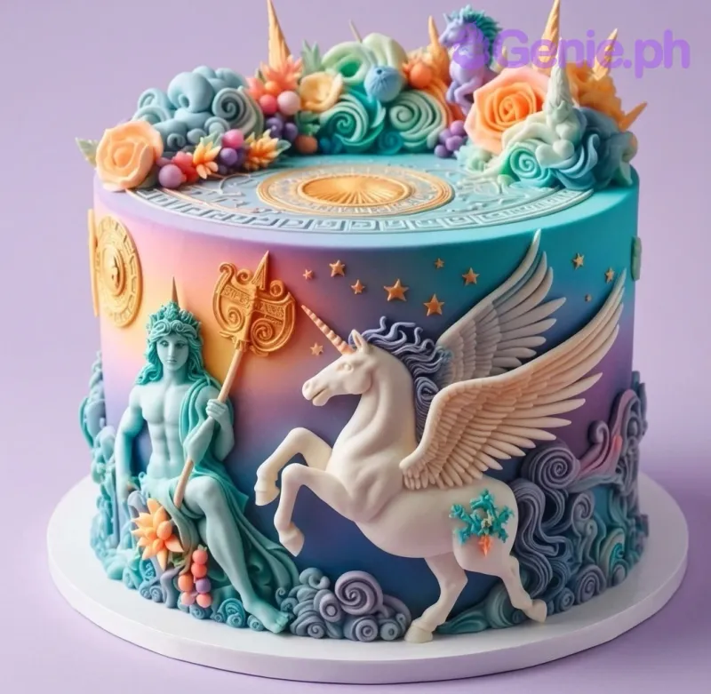A multi-colored 1 Tier Fondant Greek Mythology cake, with a white Pegasus, teal Poseidon, and golden accents. A multi-colored 1 Tier Fondant Greek Mythology cake, with a white Pegasus, teal Poseidon, and golden accents.