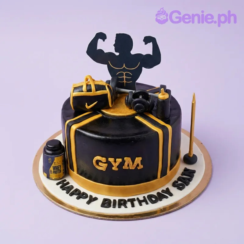 Black and yellow gym-themed 1-tier fondant cake with a bodybuilder silhouette topper, gym bag, dumbbells, and protein powder container Black and yellow gym-themed 1-tier fondant cake with a bodybuilder silhouette topper, gym bag, dumbbells, and protein powder container