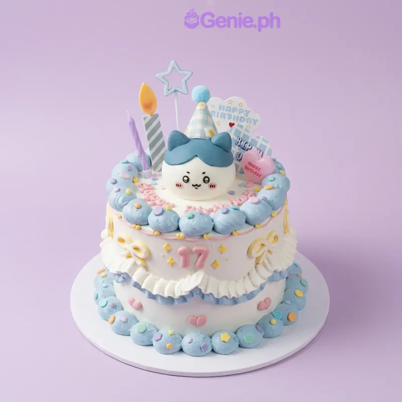 Light blue 1-tier birthday cake with Hachiware character topper and number 17 candle Light blue 1-tier birthday cake with Hachiware character topper and number 17 candle