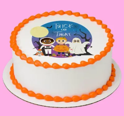A white 1 Tier Halloween cake with orange piped borders and a circular printout of Halloween characters. A white 1 Tier Halloween cake with orange piped borders and a circular printout of Halloween characters.