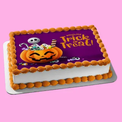 A white, purple, orange, and yellow Rectangle cake themed around Halloween, featuring an edible print of a pumpkin and Jack Skellington with "Halloween Trick or Treat!" text, and orange icing shell borders. A white, purple, orange, and yellow Rectangle cake themed around Halloween, featuring an edible print of a pumpkin and Jack Skellington with "Halloween Trick or Treat!" text, and orange icing shell borders.