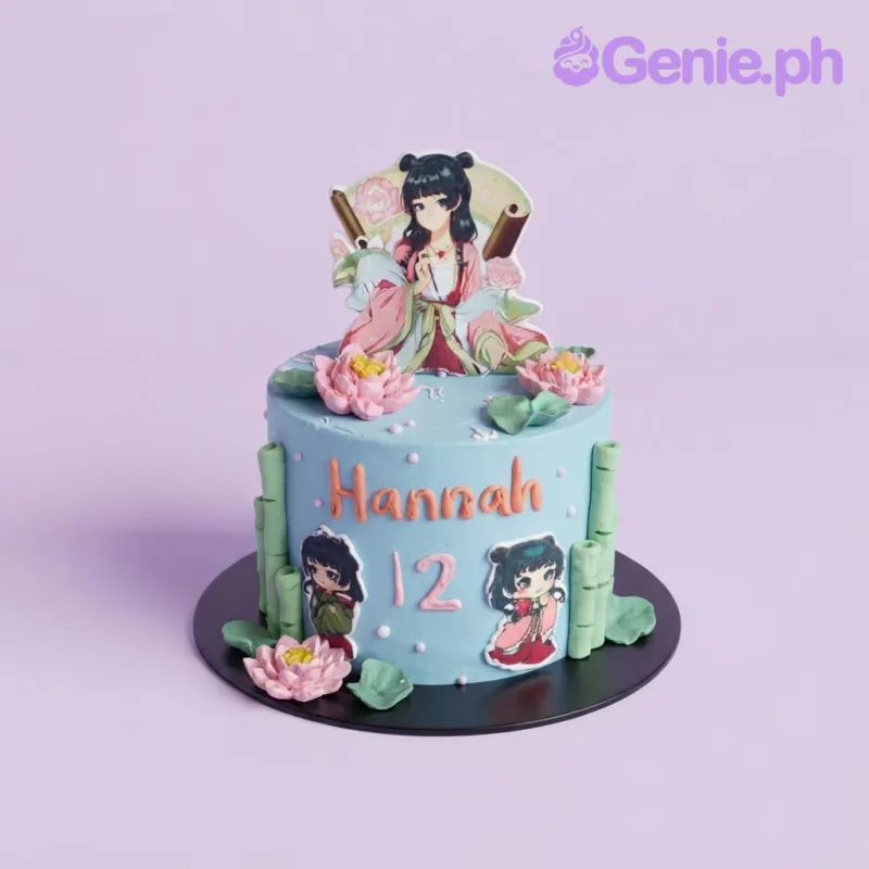 Sky blue 1-tier cake with soft icing, Hannah 12th birthday anime theme, and an anime character cutout Sky blue 1-tier cake with soft icing, Hannah 12th birthday anime theme, and an anime character cutout