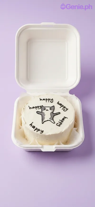 A white Bento cake themed around a Happy Cat, featuring a grey and white cat illustration and repeated 'happy' text. A white Bento cake themed around a Happy Cat, featuring a grey and white cat illustration and repeated 'happy' text.