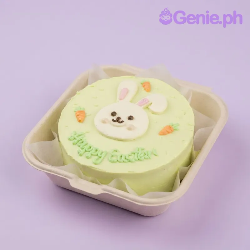 Mint green and lavender bento cake with soft icing finish, Happy Easter bunny theme, and piped white bunny face Mint green and lavender bento cake with soft icing finish, Happy Easter bunny theme, and piped white bunny face