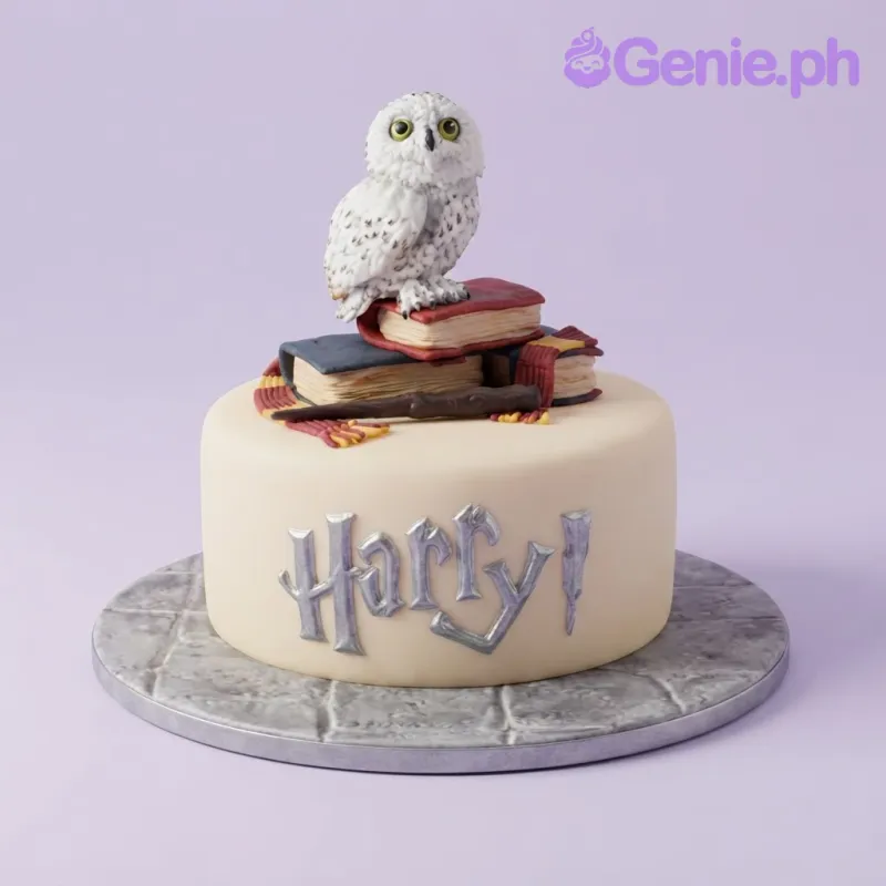 Ivory fondant cake with a sculpted snowy owl, a stack of books, a magic wand, and a striped scarf topper. Ivory fondant cake with a sculpted snowy owl, a stack of books, a magic wand, and a striped scarf topper.