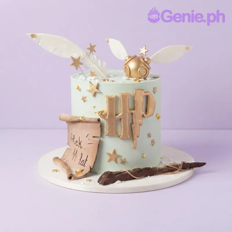 Champagne 1-tier cake with smooth icing, Harry Potter theme, and gold HP logo, snitch, wand, and parchment scroll toppers Champagne 1-tier cake with smooth icing, Harry Potter theme, and gold HP logo, snitch, wand, and parchment scroll toppers