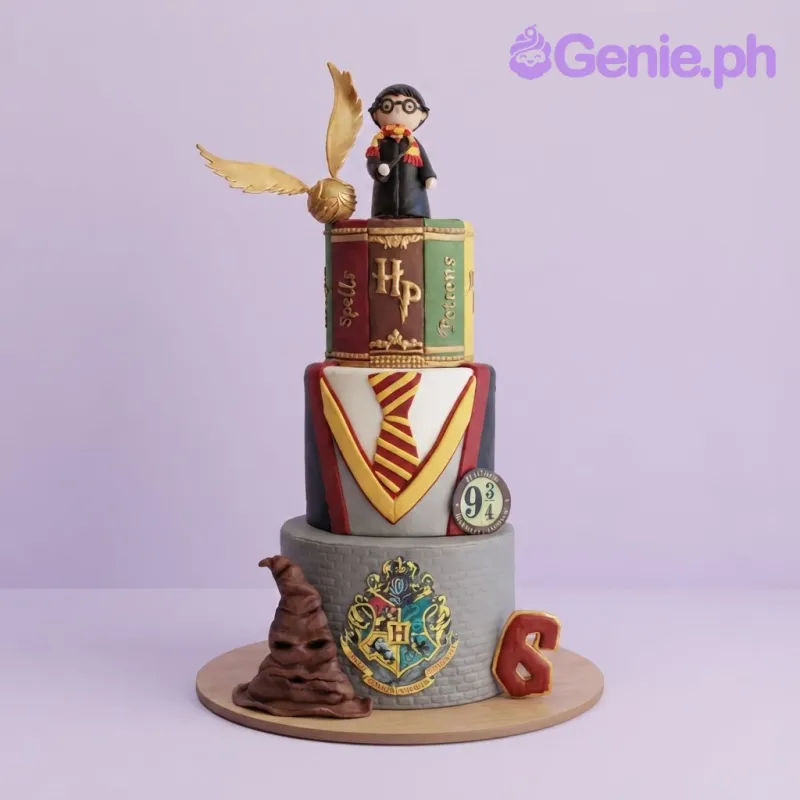 Grey and white 3-tier fondant Harry Potter birthday cake with a wizard figure, golden snitch, and school crest Grey and white 3-tier fondant Harry Potter birthday cake with a wizard figure, golden snitch, and school crest