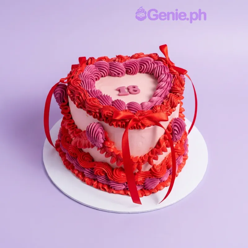 Pink heart-shaped 18th birthday cake with red and pink piped rosettes and a red satin ribbon bow Pink heart-shaped 18th birthday cake with red and pink piped rosettes and a red satin ribbon bow