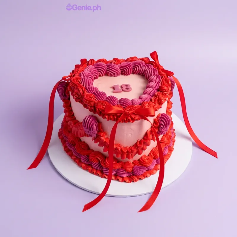 Heart Birthday cake design — 1 layer soft icing cake in pink — with piped red and pink rosette border, red satin ribbon bows and streamers, and custom "18" message Heart Birthday cake design — 1 layer soft icing cake in pink — with piped red and pink rosette border, red satin ribbon bows and streamers, and custom "18" message