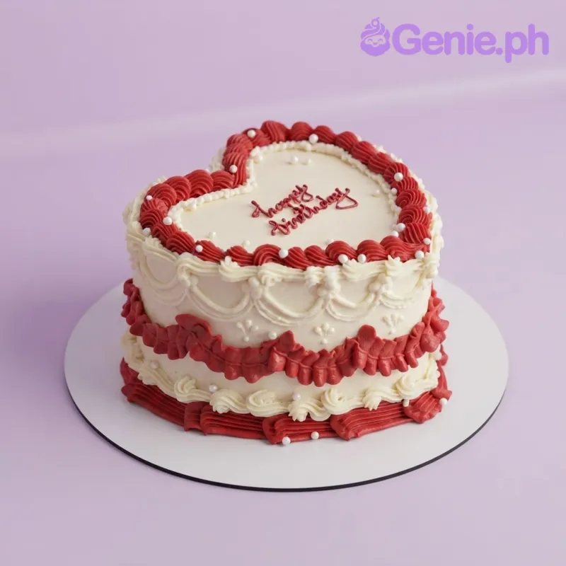 White heart-shaped cake with smooth soft icing, red piped borders, red piped swags, and red piped 'happy birthday' message. White heart-shaped cake with smooth soft icing, red piped borders, red piped swags, and red piped 'happy birthday' message.