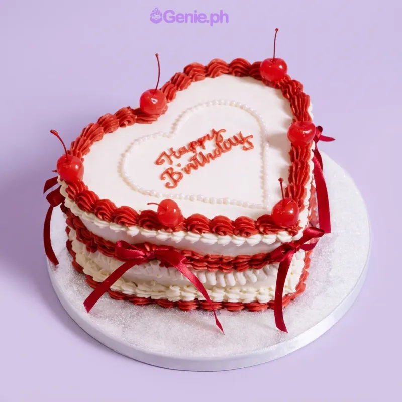 White heart-shaped cake with red piped borders, red satin ribbons, and cherries on top White heart-shaped cake with red piped borders, red satin ribbons, and cherries on top