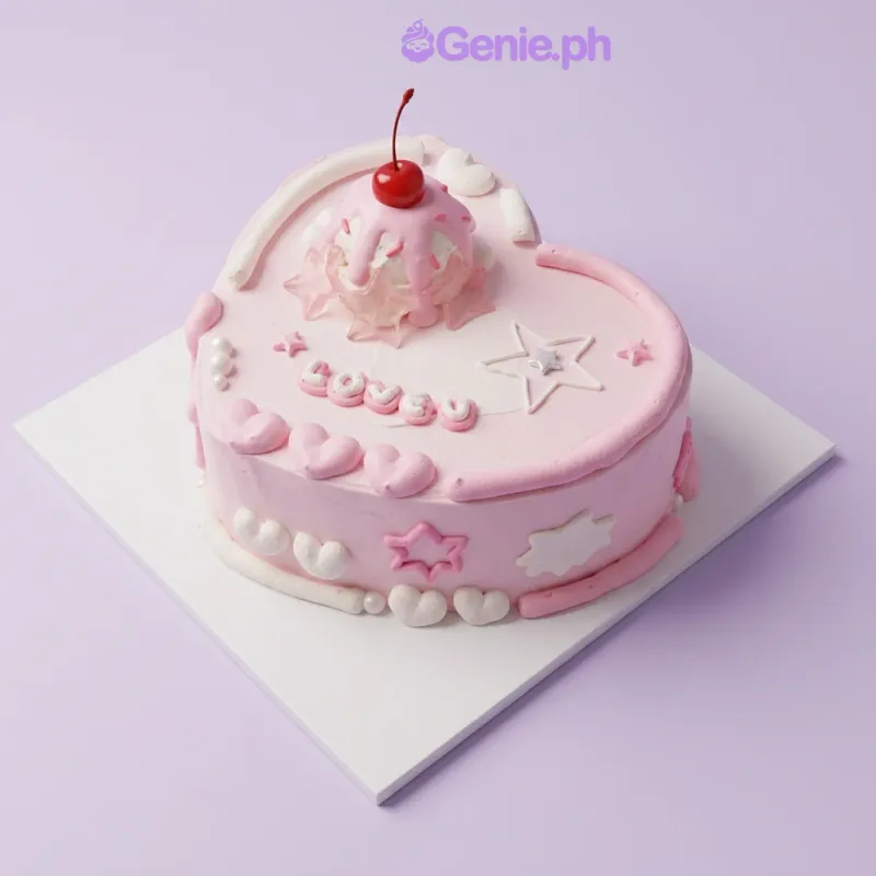 Pink heart-shaped cake with cherry topper and piped heart decorations Pink heart-shaped cake with cherry topper and piped heart decorations