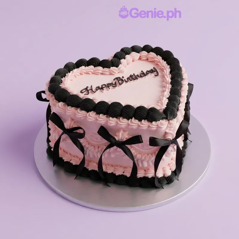 Pink heart-shaped cake with black piped borders and black satin ribbon bows on the sides Pink heart-shaped cake with black piped borders and black satin ribbon bows on the sides