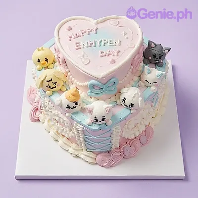 2-tier heart-shaped cake with cute character figures and piped icing borders 2-tier heart-shaped cake with cute character figures and piped icing borders