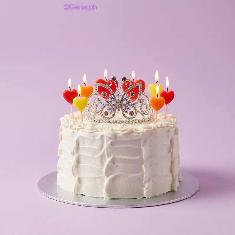 White single-tier cake with multiple heart-shaped candles on top White single-tier cake with multiple heart-shaped candles on top