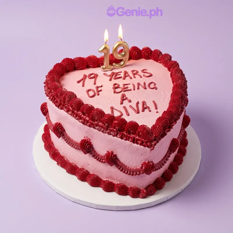 Pink heart-shaped cake with red piped border and gold 19 number candles Pink heart-shaped cake with red piped border and gold 19 number candles