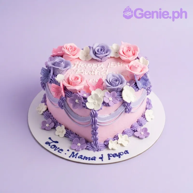A pink, purple, and white 1-tier cake themed around heart floral, featuring pink and purple fondant roses and white flowers with pink butterflies. A pink, purple, and white 1-tier cake themed around heart floral, featuring pink and purple fondant roses and white flowers with pink butterflies.