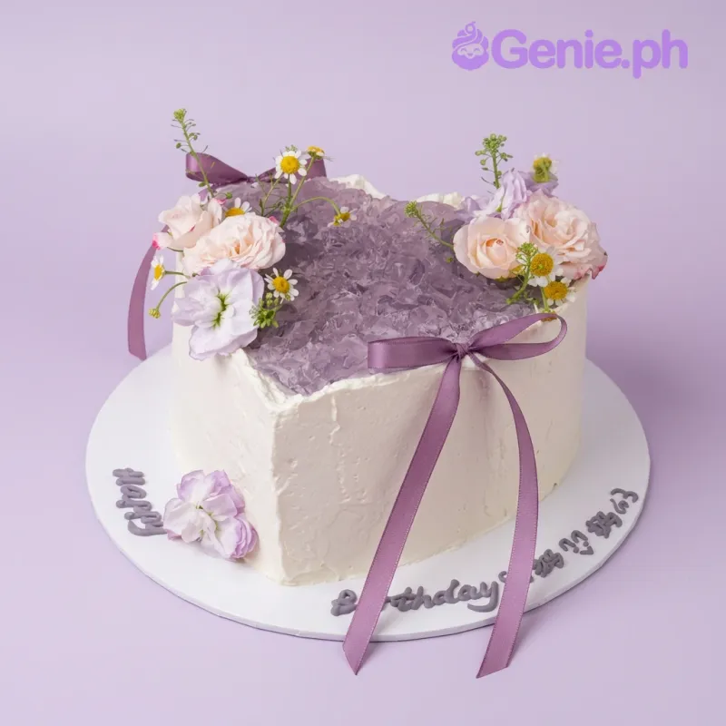 White heart-shaped cake with purple geode crystals, assorted flowers, and a purple satin ribbon bow White heart-shaped cake with purple geode crystals, assorted flowers, and a purple satin ribbon bow