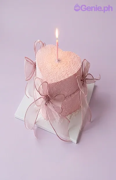 Light pink heart-shaped cake with soft icing, sheer organza ribbon bows, and a single lit birthday candle Light pink heart-shaped cake with soft icing, sheer organza ribbon bows, and a single lit birthday candle