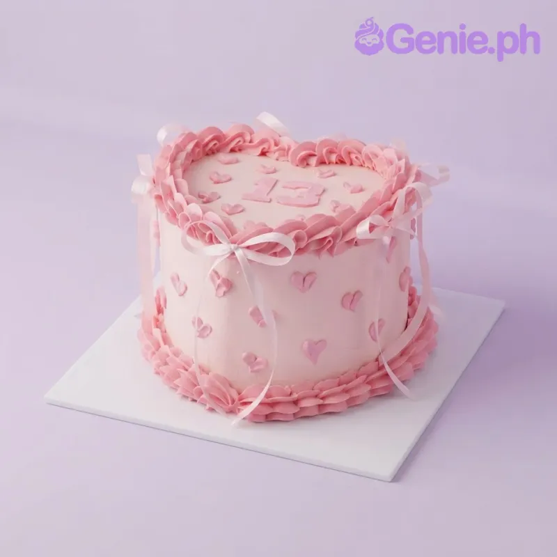 Peach 1-tier heart cake with soft icing, piped pink hearts, frilly borders, and white ribbon bows Peach 1-tier heart cake with soft icing, piped pink hearts, frilly borders, and white ribbon bows