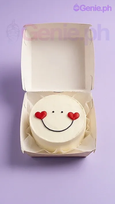 A white bento cake themed around Heart Smiley, featuring a black smiley face and red heart cheeks. A white bento cake themed around Heart Smiley, featuring a black smiley face and red heart cheeks.