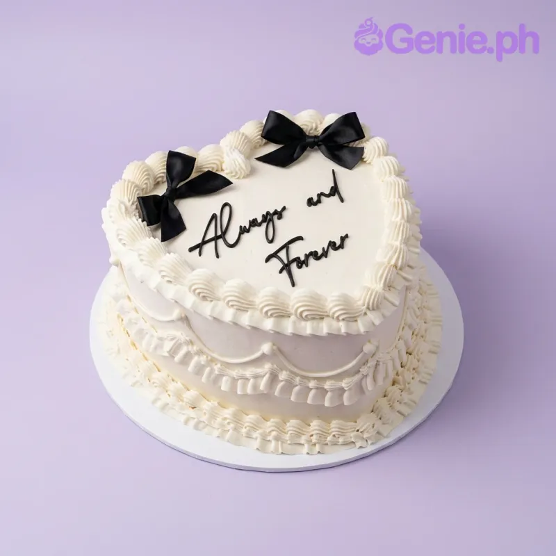 Heart Wedding 1 Tier - black theme with Always and Forever script topper and Black ribbon bows Heart Wedding 1 Tier - black theme with Always and Forever script topper and Black ribbon bows