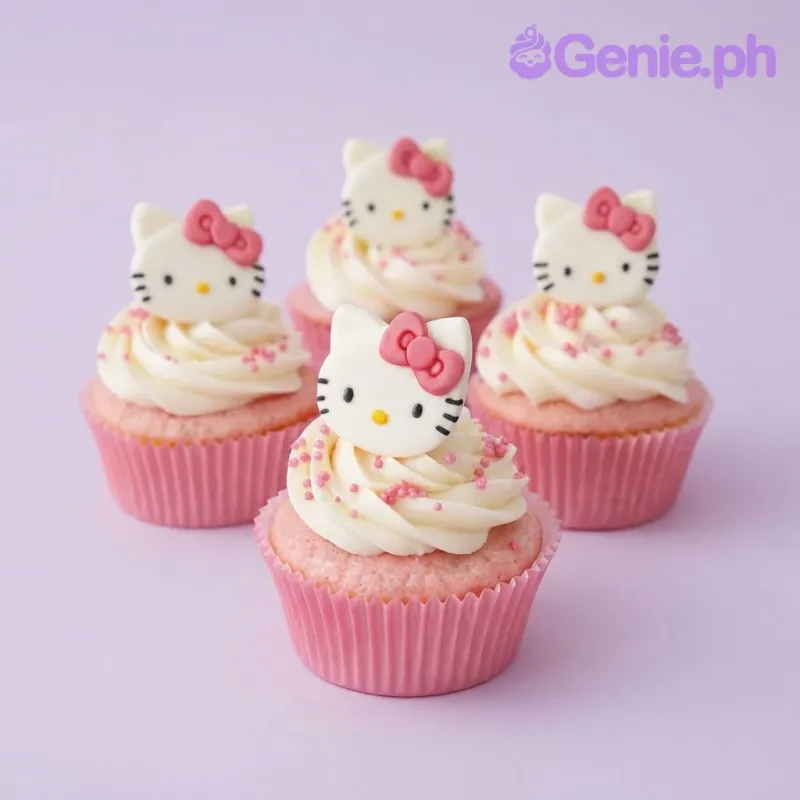 Ivory cupcakes with soft icing swirls, Hello Kitty fondant face toppers, and pink sugar sprinkles Ivory cupcakes with soft icing swirls, Hello Kitty fondant face toppers, and pink sugar sprinkles