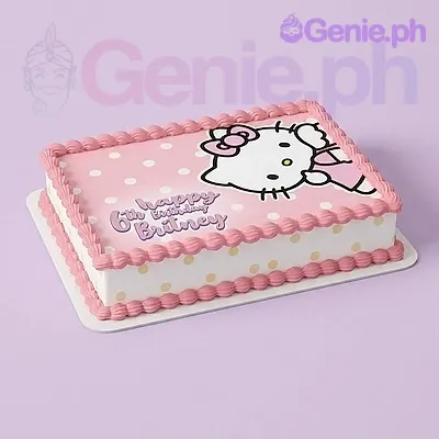 A white and pink rectangle Hello Kitty cake with a character printout, pink polka dots, piped borders, and 'Happy 6th Birthday' text. A white and pink rectangle Hello Kitty cake with a character printout, pink polka dots, piped borders, and 'Happy 6th Birthday' text.