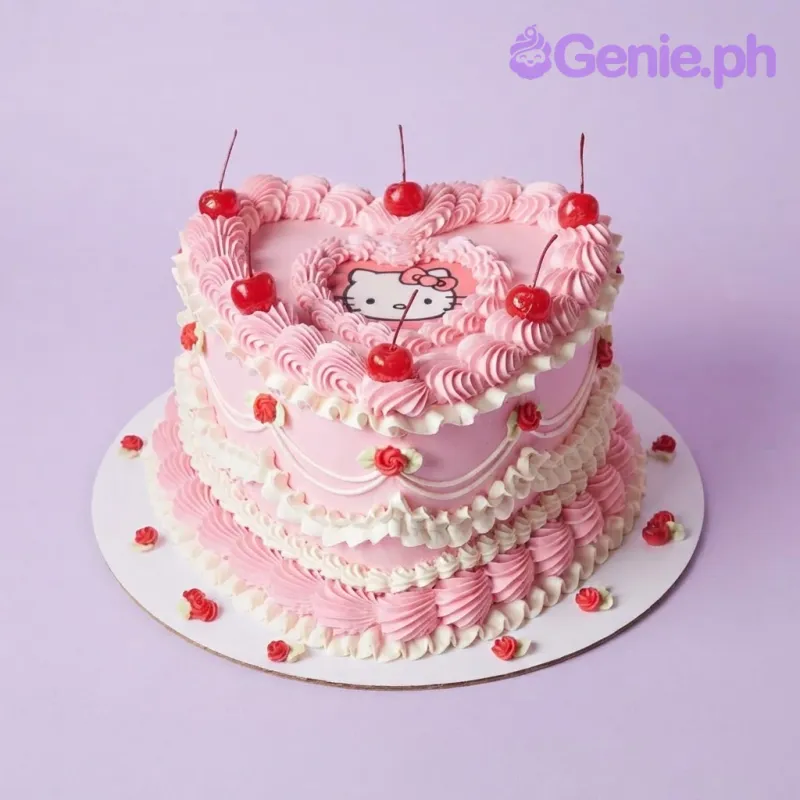 Soft pink 2-tier heart cake with smooth icing, Hello Kitty theme, red cherries, and small red roses Soft pink 2-tier heart cake with smooth icing, Hello Kitty theme, red cherries, and small red roses