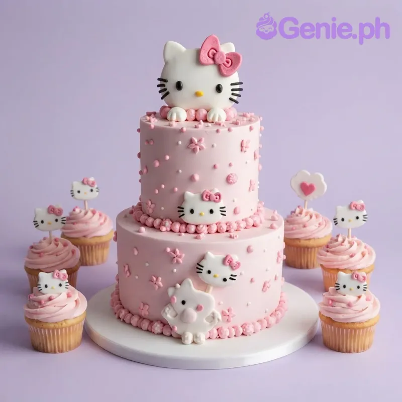 Soft pink 2-tier cake with smooth icing, Hello Kitty figures, and a pink piped bead border Soft pink 2-tier cake with smooth icing, Hello Kitty figures, and a pink piped bead border