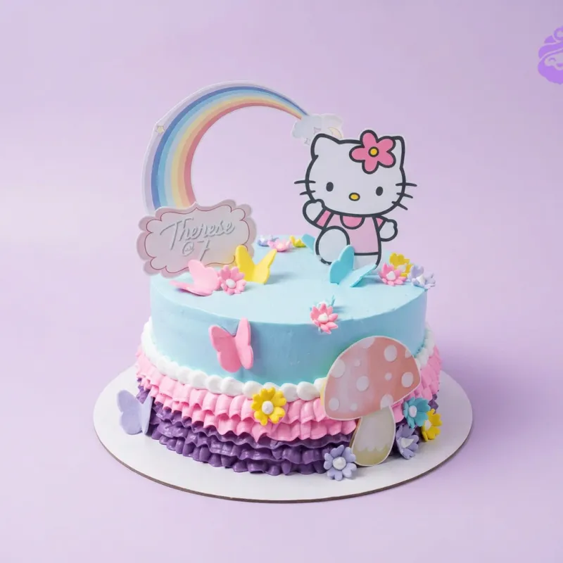 A light blue 1 Tier cake themed around Hello Kitty, featuring a Hello Kitty character, rainbow topper, and fondant butterflies and flowers. A light blue 1 Tier cake themed around Hello Kitty, featuring a Hello Kitty character, rainbow topper, and fondant butterflies and flowers.