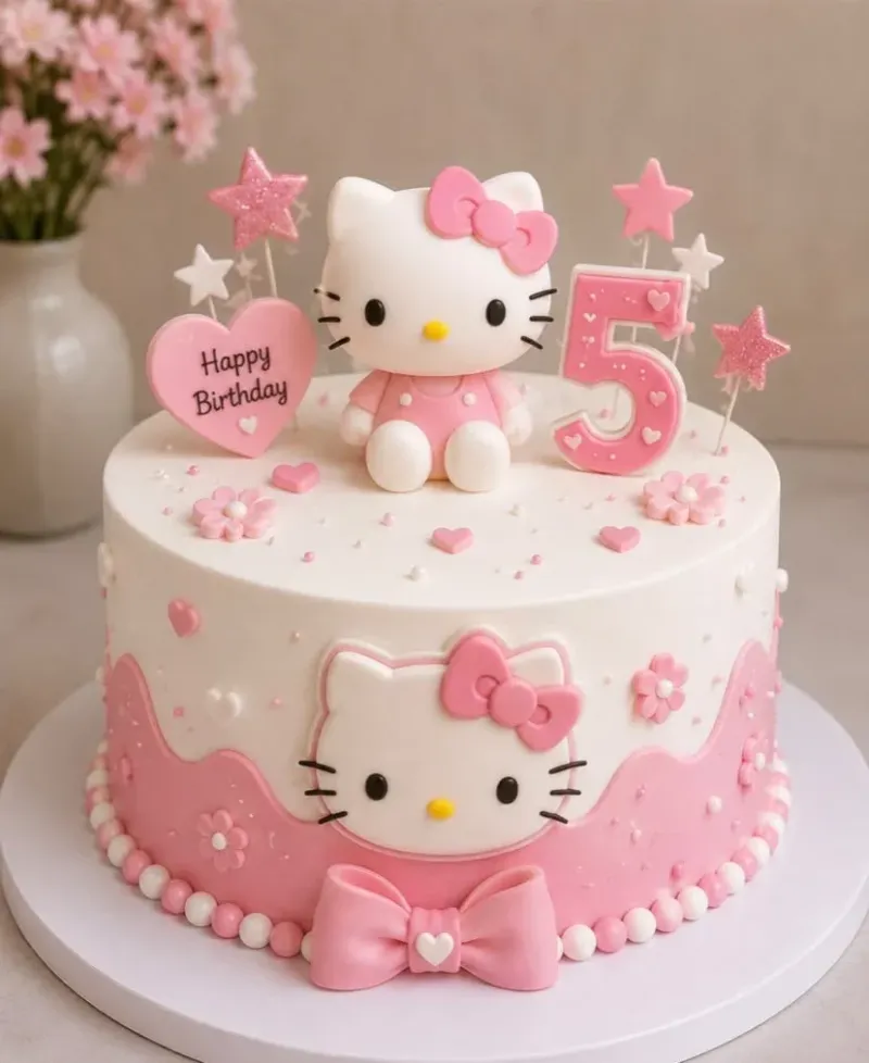 White 1-tier soft icing cake with a Hello Kitty theme, a fondant figurine, and pink heart plaques White 1-tier soft icing cake with a Hello Kitty theme, a fondant figurine, and pink heart plaques