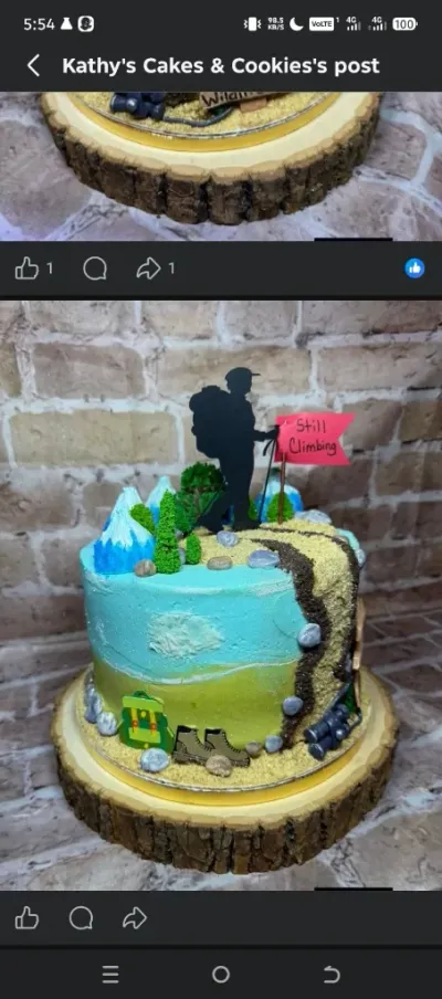 Sky blue 1-tier cake with soft icing, Hiking Adventure Cake theme, a black hiker silhouette topper, and snowy mountain peaks Sky blue 1-tier cake with soft icing, Hiking Adventure Cake theme, a black hiker silhouette topper, and snowy mountain peaks