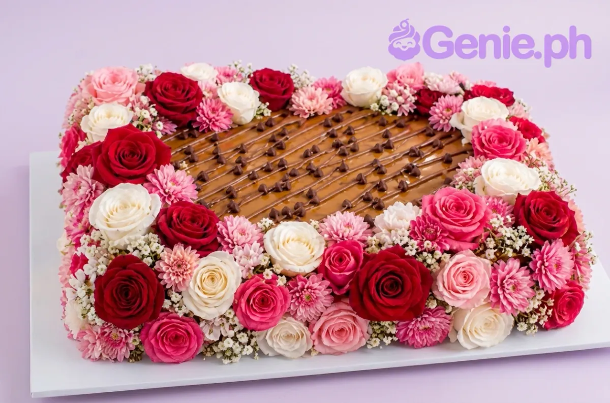 A white and brown Holiday Choco Caramel Rectangle cake with red and pink roses, chocolate chips, and drizzle. A white and brown Holiday Choco Caramel Rectangle cake with red and pink roses, chocolate chips, and drizzle.