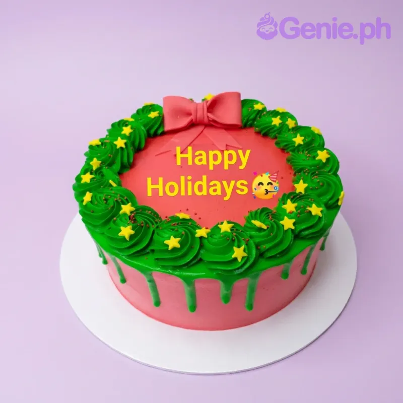 Red holiday cake with green icing wreath, yellow stars, and a pink fondant bow. Red holiday cake with green icing wreath, yellow stars, and a pink fondant bow.
