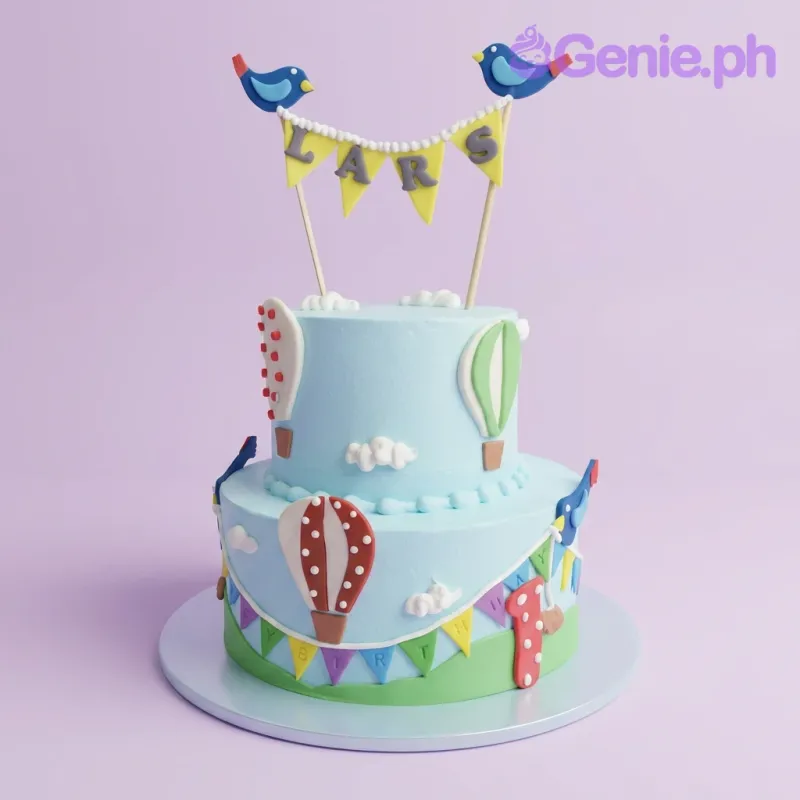 A light blue two-tier cake themed around Hot Air Balloons, featuring bird toppers, bunting, and clouds. A light blue two-tier cake themed around Hot Air Balloons, featuring bird toppers, bunting, and clouds.