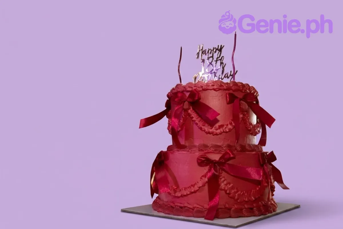 A hot pink two-tier Vintage 18th Birthday cake with silver 'Happy 18th Birthday' topper, piped ruffles, dark pink bows.