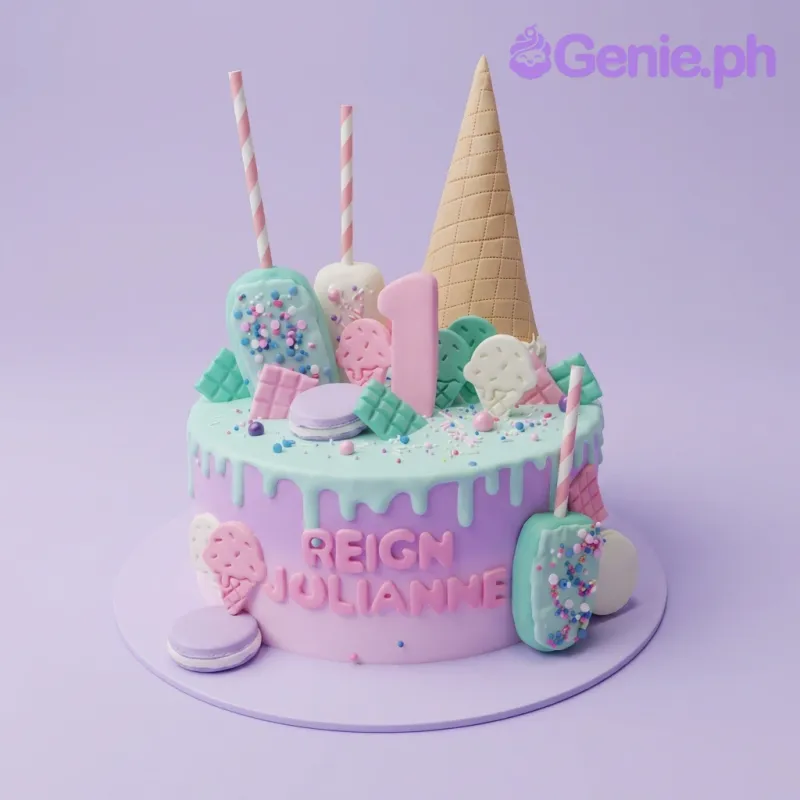 Pink and teal ice cream themed birthday cake with fondant popsicles, a large waffle cone, and colorful sprinkles. Pink and teal ice cream themed birthday cake with fondant popsicles, a large waffle cone, and colorful sprinkles.