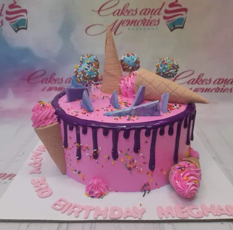 Pink ice cream themed birthday cake with purple drip, cake pops, and waffle cones for Meghan's 3rd birthday. Pink ice cream themed birthday cake with purple drip, cake pops, and waffle cones for Meghan's 3rd birthday.