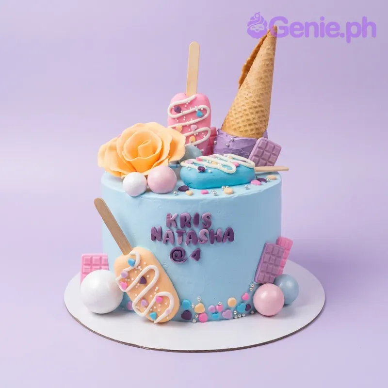 A light blue 1-tier cake themed around Ice Cream, featuring ice cream pops, a waffle cone, a yellow rose, and purple fondant letters. A light blue 1-tier cake themed around Ice Cream, featuring ice cream pops, a waffle cone, a yellow rose, and purple fondant letters.