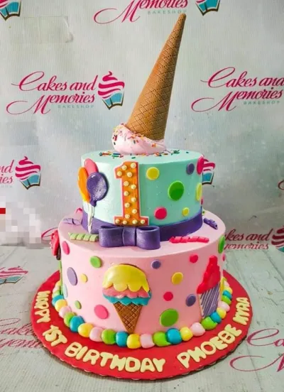 Two-tier pink and light blue ice cream themed birthday cake with a large waffle cone topper and colorful fondant decorations. Two-tier pink and light blue ice cream themed birthday cake with a large waffle cone topper and colorful fondant decorations.