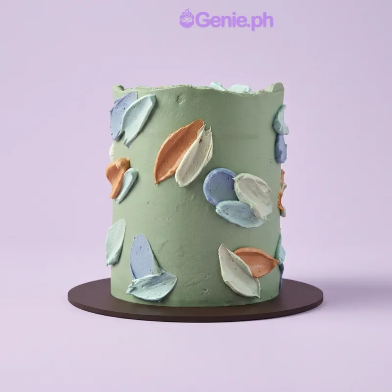 Impasto Cake cake design — 1 layer soft icing cake in light green — with multi-colored impasto icing strokes Impasto Cake cake design — 1 layer soft icing cake in light green — with multi-colored impasto icing strokes