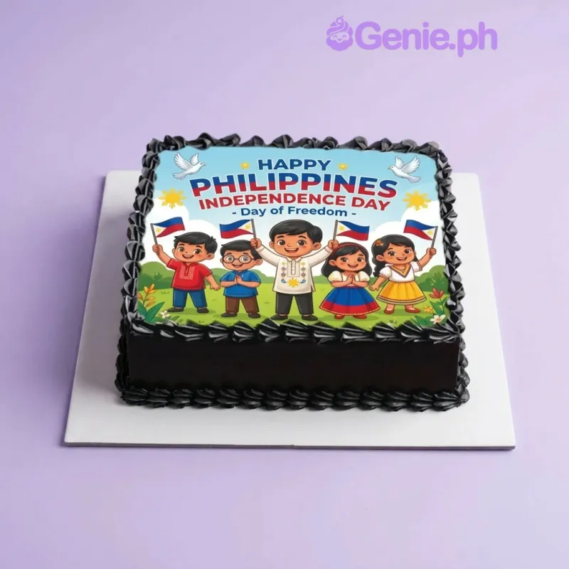 Black square cake with a large edible print of children waving Philippine flags for Independence Day and a piped black border Black square cake with a large edible print of children waving Philippine flags for Independence Day and a piped black border